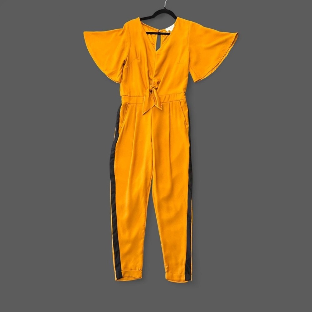 Harmony & Havoc Mustard Flutter Sleeve Tie-Front Jumpsuit | Size M
